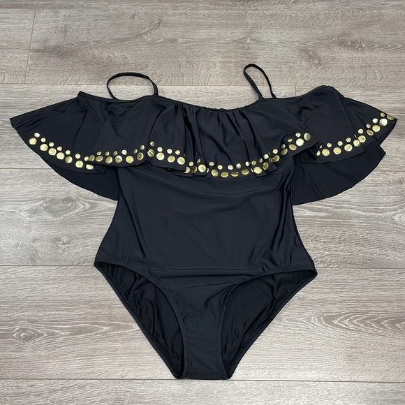 NWOT Athena Off The Shoulder Cold Shoulder One Piece Swimsuit Gold Studs 14 - Picture 4 of 16